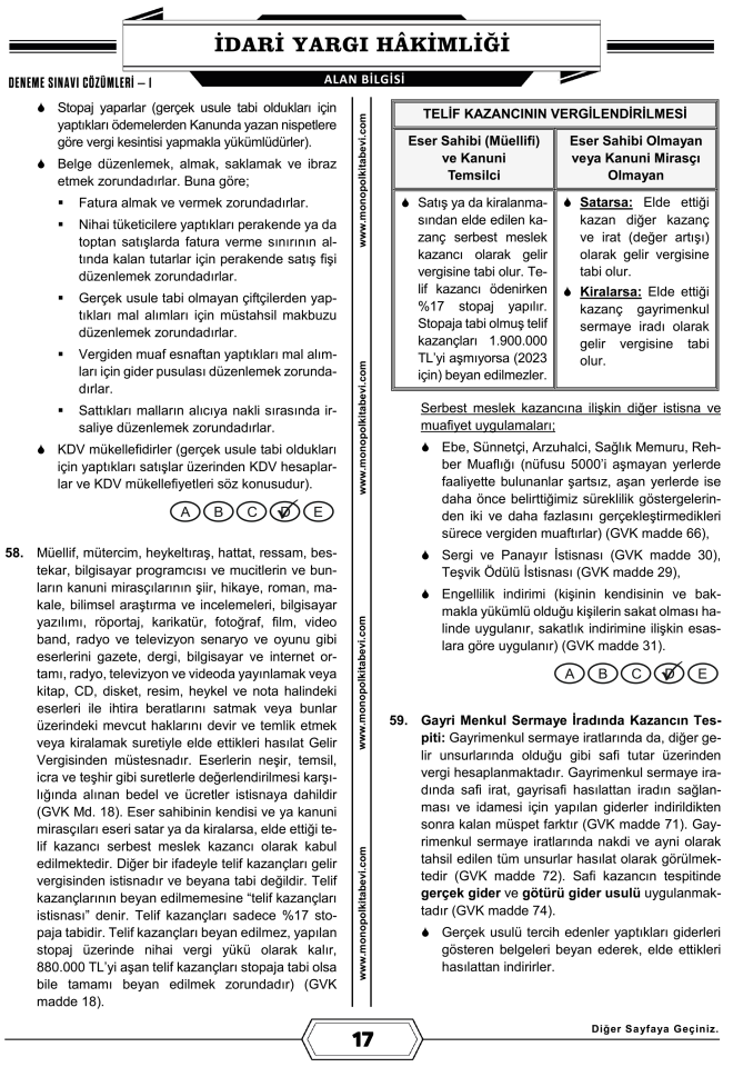 2023 İdari Yargı Hâkimliği Çözümlü 5 Deneme Sınavı Monopol Yayınları