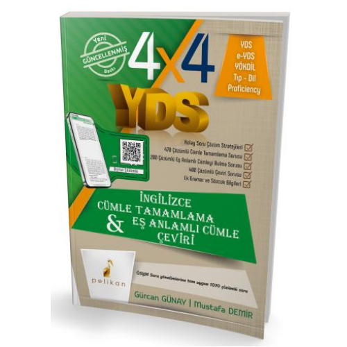 4x4 YDS Seti 1. Kitap Cümle Tamamlama, Çeviri ve Eş Anlamlı Cümle Pelikan Yayınevi