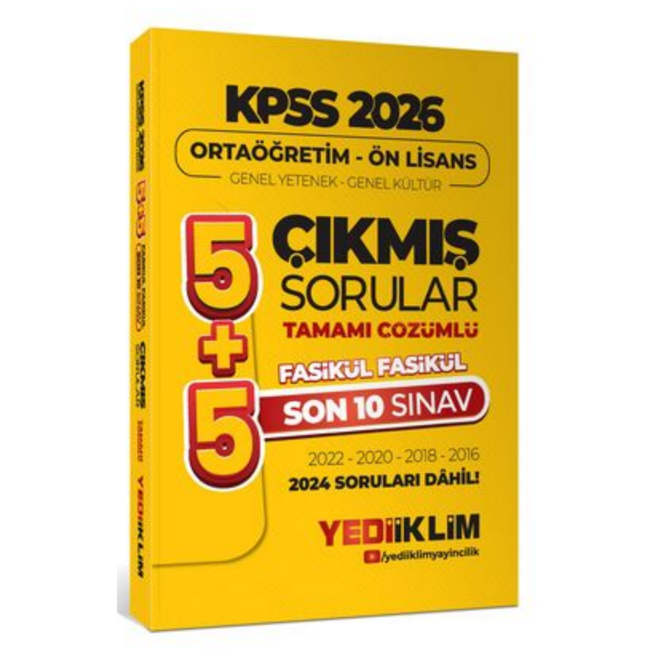 2026 Ortaöğretim-Önlisans Genel Yetenek Genel Kültür 5+5 Tamamı Çözümlü Son 10 Sınav Fasikül Fasikül Çıkmış-Yediiklim Yayınları