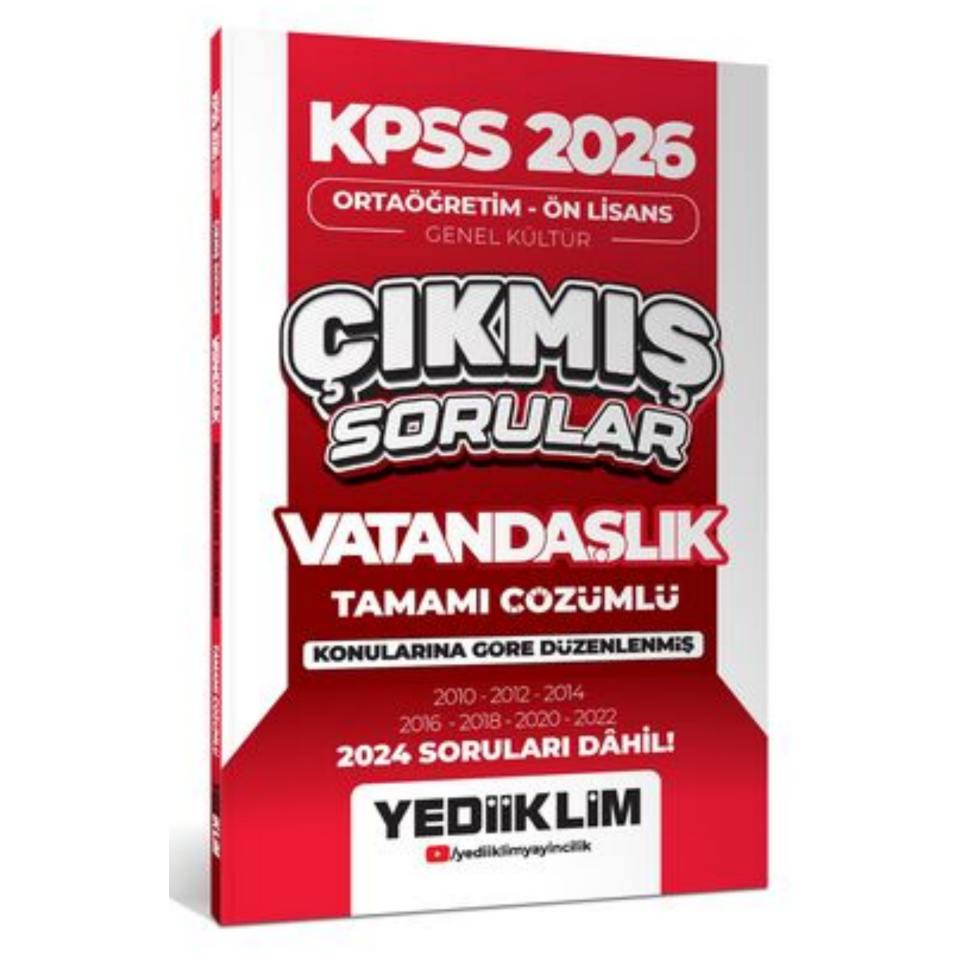 2026 KPSS Ortaöğretim Ön Lisans Genel Kültür Vatandaşlık Tamamı Çözümlü Çıkmış Sorular(2024 soruları dahil)- Yediiklim Yayınları